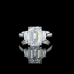 IGI Certi Lab Grown <b>Emerald</b> Cut Diamond Three Stone Engagement <b>Ring</b> with <b>Emerald</b> Side Diamonds 10K 14K 18K Gold 925 935 <b>Silver</b> - Product Image 1