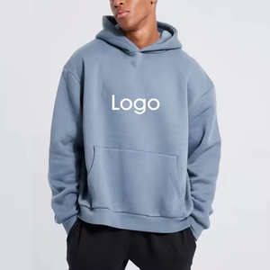 Sweat à capuche surdimensionné pour homme de qualité supérieure, imprimé avec logo personnalisé, en coton molletonné bleu uni, avec poche avant et logo, style décontracté - Product Image 1
