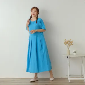 Vestido Maxi de Lino y Algodón Estilo Bohemio, Azul, Manga Media, Corte Holgado, Casual, Veraniego - Product Image 3