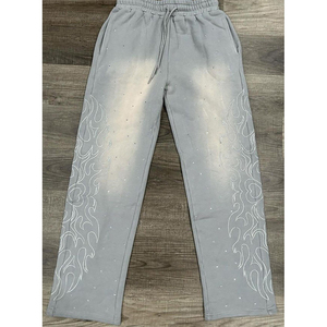 Men's Red Flared Pants <b>Elastic</b> <b>Waist</b> Drawstring Rhinestone Flame Embroidery Hip Hop <b>Trousers</b> - Product Image 4