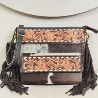 Dompet selempang pinggiran kulit sapi wanita, kapasitas besar perkakas tangan dompet lipat tiga set 2 potong