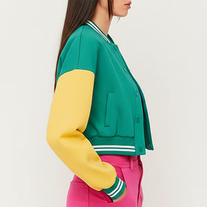 Chaqueta Varsity Corta de Moda, Transpirable, con Bloques de Color, Manga Larga, Informal, 100% Algodón y Lana, Estilo Hip Hop - Product Image 2