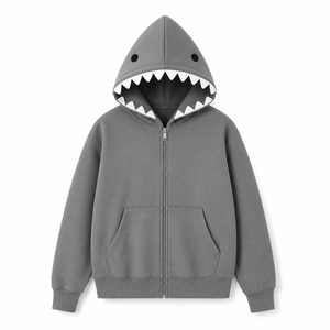 Sudadera con Capucha de Tiburón Adorable, Personalizable, Unisex, Talla Grande, con Cierre Frontal, Diseño de Animal de Dibujos Animados, Estilo Urbano, Gris, Forro Polar, 100% Algodón - Product Image 1