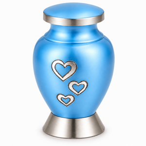 Hearts Engraved Sky Blue Brass Eco-Friendly <b>Mini</b> Keepsake Urn for Storage Funeral Ashes - Product Image 1