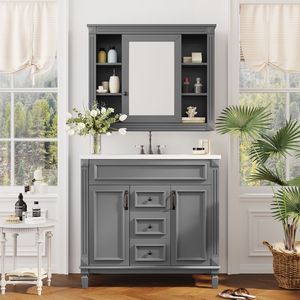 Mobile Bagno Moderno da 90 cm con Lavabo Integrato, Specchio, 2 Ante a Chiusura Ammortizzata e 2 Cassetti - Soluzione Salvaspazio per il Bagno - Product Image 1