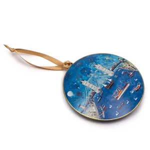 Adorno Navideño Metálico con Escena del Puente de Londres, Azul, Redondo, Decorativo para Colgar en el Árbol - Product Image 1