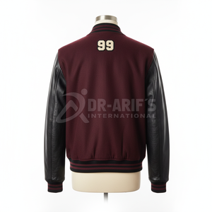 เสื้อแจ็คเก็ตวาร์ซิตี้สีแดงเลือดหมูสำหรับผู้ชาย แขนเสื้อหนัง PU สีดำ ปักลาย 99 และโลโก้รูปมงกุฎ สวมใส่สบายๆ ในฤดูใบไม้ร่วง - Product Image 6