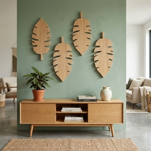 Décoration murale en bois sculpté à la main, silhouette de feuille, style minimaliste tropical, sculpture murale botanique en bois pour salon et chambre à coucher - Product Image 4