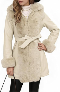 Abrigo de Piel Sintética para Mujer, Chaqueta de Invierno con Capucha y Cinturón, Elegante, Resistente al Viento, 100% Poliéster, Ropa Exterior Cálida - Product Image 3
