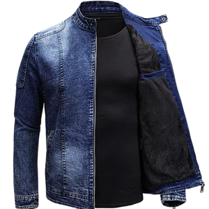 Mens Cotton Denim Jacket Acid Wash <b>Stand</b> Collar Zip Front Casual Regular Fit Fleece Lined Windproof Quick Dry Breathable Warm - Product Image 3