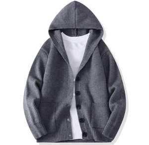 Unisex Knitted Hooded <b>Cardigan</b> Regular Sleeve Solid Color Button Front Regular Fit Casual Winter Wear 100% Cotton <b>Pocket</b> - Product Image 5