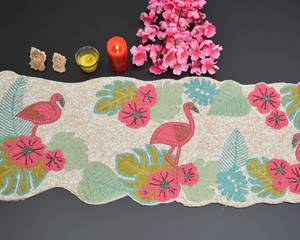 Camino de Mesa Bordado de Algodón con Diseño Floral de Flamencos, Estilo Bohemio, Decoración para el Hogar, Rosa, Verde, Beige - Product Image 3