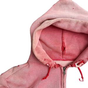 Sweat-shirt rose à capuche zippé pour homme, style punk déchiré et vieilli avec poche - Product Image 6