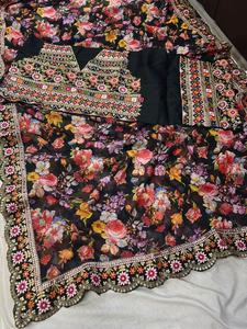 Saree de seda Georgette suave de diseñador con trabajo de lentejuelas bordadas, Sari de ropa de boda, Sari de ropa de fiesta de diseñador, Sari para mujer. - Product Image 4