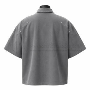 Chemise de travail utilitaire décontractée pour homme, grise, à manches courtes, zippée, en sergé, 100 % coton biologique, printemps, personnalisable OEM ODM - Product Image 2