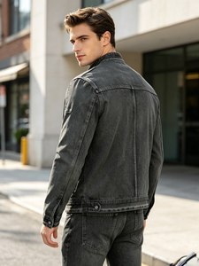 Blouson moto en jean délavé pour homme, coupe droite, fermeture boutonnée, couleur unie, style hiver, tissu tricoté respirant - Product Image 4