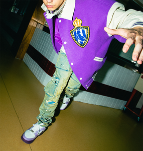 <b>Men's</b> Purple <b>White</b> Varsity <b>Jacket</b> Preppy Style Embroidered Patch Design Turn-down Collar Regular Fit Autumn Wear - Product Image 5