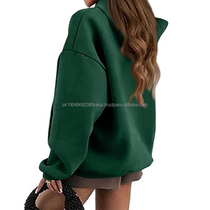 Sudadera con capucha de cuello alto de punto OEM para mujer, con hombros caídos y cremallera, Color azul sólido, sin cordón, con logotipo frontal, manga corta de invierno - Product Image 5