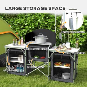 Tavolo Pieghevole Portatile da Campeggio in Alluminio Nero con Armadietti in Tessuto e Paravento per Camera da Letto, Palestra, Barbecue, Picnic, Campeggio - Product Image 4