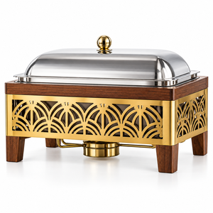Casserole de luxe en acier inoxydable avec support en bois doré ajouré, diamètre 24 cm, chauffe-plat isolé pour banquets et traiteurs - Product Image 1