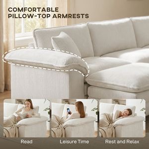Divano Sezionale a L Beige a 3 Posti con Seduta Profonda, Pouf Mobile e Braccioli Imbottiti in Piuma - Product Image 5