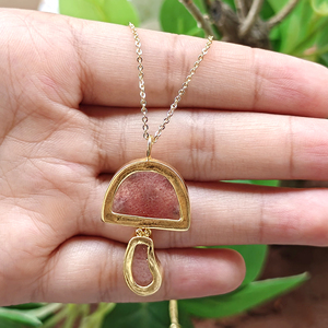 Natural Stone Cherry Quartz Mushroom Pendant <b>with</b> Tiny Cubic Zircon Inlaid 18k Gold Plated Brass Chain Women Jewelry Necklace - Product Image 6