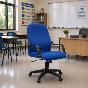 Chaise de bureau exécutive en tissu bleu avec accoudoirs fixes, base pivotante, design ergonomique, hauteur réglable moderne pour usage domestique ou de bureau - Product Image 1