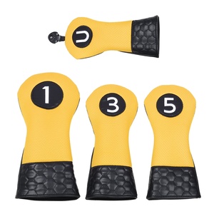 Yellow PU Leather <b>Golf</b> Club Headcovers Set with Black Hex Pattern and Numbered Design for Driver 1 3 5 and Putter - Product Image 1
