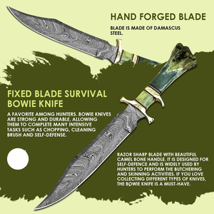 Cuchillo Bowie de Acero de Damasco Premium con Hoja Recta y Punta Clip, Duradero para Camping, Mango de Hueso Verde, Guarda de Latón, Logotipo OEM, Funda de Cuero - Product Image 5