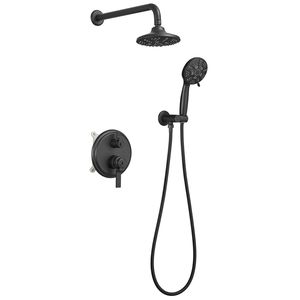 Rubinetto per doccia a pioggia rotondo con manico singolo nero opaco con valvola di bilanciamento della pressione a doppia funzione - Product Image 1