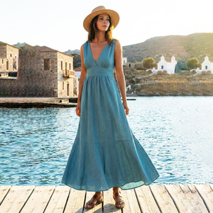Coral Handmade 100% Cotton Bow V-neck <b>Bell</b> <b>Sleeve</b> Loose Fit High Waist A-Line Midi <b>Dress</b> Breathable Woven Plain Dyed Vintage - Product Image 1