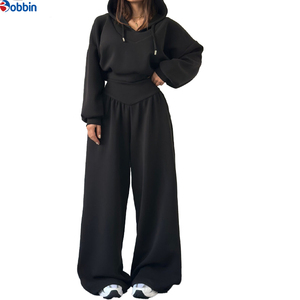 Conjunto Deportivo Personalizado para Mujer, Color Azul Marino, Top Corto con Capucha y Pantalones Anchos, Estilo Casual, Holgado, Color Sólido, para Otoño - Product Image 2