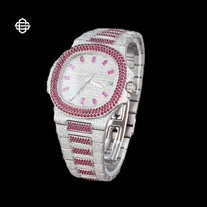 Montre de luxe pour homme, cadran carré, verre serti de moissanite, quartz, acier inoxydable, 20 mm, affichage de la date, entièrement sertie de diamants - Product Image 2