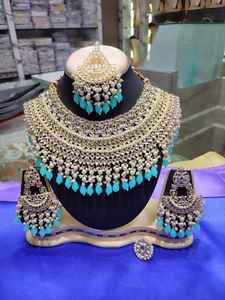 Traditional <b>Indian</b> Gold Plated Zircon Bridal Jewelry <b>Set</b> with Choker Necklace Earrings Maang Tikka & Ring for Weddings Parties - Product Image 5