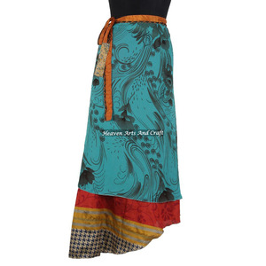 Ladies Summer Bohemian Multi-Layer Below the Knee Indian Silk Sari <b>Wrap</b> <b>Skirt</b> Knee Maxi Length Plus Size Manufacturer Wholesaler - Product Image 5