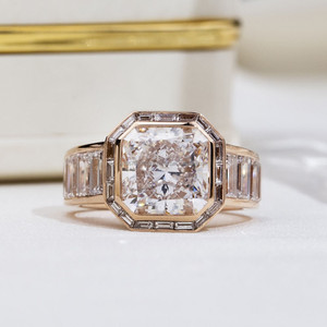 Yellow Gold Asscher Cut Lab Diamond Engagement Ring with Sparkling Side Stones Classic Vintage Style Bridal Ring <b>Gift</b> for Her - Product Image 1
