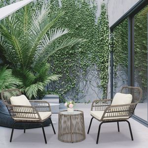 Set Bistrot da Esterno in Vimini Marrone a 3 Pezzi con 2 Sedie, Tavolino Laterale con Piano in Vetro e Cuscini - Ideale per Conversare - Product Image 2