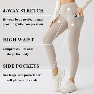 Leggings de yoga taille haute avec poches latérales, longueur intégrale, sans coutures, extensibles dans quatre directions, couleur unie, pantalon de sport pour femmes - Product Image 2