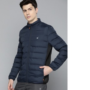 Chaqueta Acolchada Azul Marino para Hombre, Cuello Alto, Cierre Frontal con Cremallera, Resistente al Viento, Informal, para Invierno, Color Sólido, Corte Ajustado, Relleno de Poliéster - Product Image 1