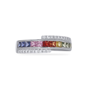 Bague en or blanc sterling avec saphir coloré et diamants en pavé dégradé, bijoux sophistiqués pour femmes - Product Image 4