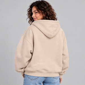 Sudadera con capucha para mujer, beige crema, con cremallera completa, hombro caído, informal, de forro polar cálido, estilo urbano, para logotipo personalizado, venta al por mayor - Product Image 4
