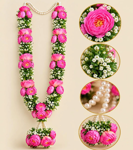 Guirlande de fleurs artificielles roses en gros avec accents de perles, guirlande florale indienne haut de gamme pour la cérémonie de mariage Jaimala des mariés - Product Image 2