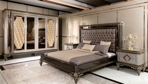 Luxury Modern Champagne Solid Teak Wood Bedroom Set King Size Bed with <b>Mirrored</b> Nightstands Grand Wardrobe and Dressing <b>Table</b> - Product Image 3