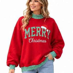<b>Women's</b> Oversized Red <b>Christmas</b> <b>Sweatshirt</b> Green Gingham Trim Drop Shoulder Long Sleeve Mock Neck Knitted Cotton Winter Wear - Product Image 1