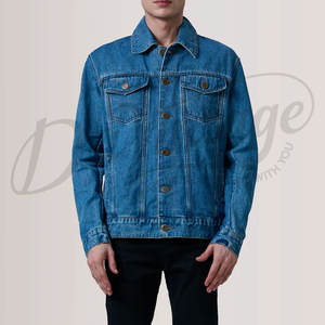 Veste en jean bleu moyen personnalisée pour homme, coupe slim, délavée, en coton, style décontracté, multi-poches, streetwear, manteau d'extérieur - Product Image 1