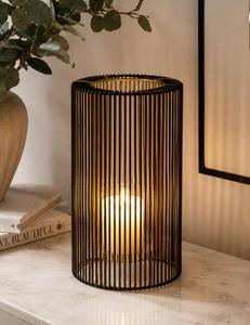 Lanterne cylindrique en fer noir avec barres verticales, porte-bougie résistant à la chaleur pour la décoration de la maison - Product Image 1