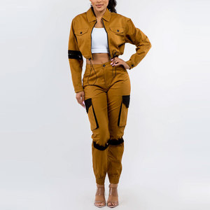 Wholesale <b>Women</b> Outfits Two Piece Sets Cargo Pants Cropped Fashion <b>Jackets</b> Denim Long Pants Trousers Tracksuits Sets - Product Image 1