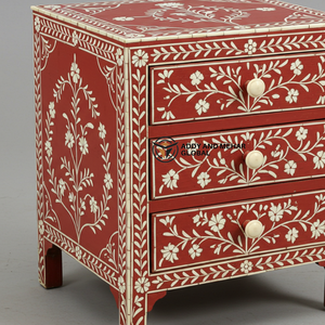 Mesita de Noche Moderna de 2 Cajones con Incrustaciones de Hueso Rojo, Ecológica y Hecha a Mano, con Patrón Floral para Muebles de Dormitorio - Product Image 3