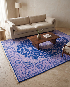 Tapis de style persan bleu roi lilas, tufté à la main, 100 % laine de Nouvelle-Zélande, motif floral orné, bordure végétale, lavable - Product Image 3