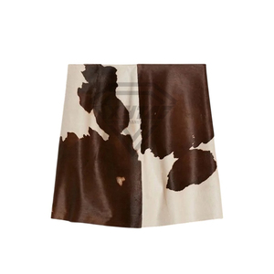 Mini-jupe en cuir de vachette véritable pour femme, marron et blanc, imprimé animal, taille haute, style streetwear, vêtements personnalisés, vente en gros - Product Image 1